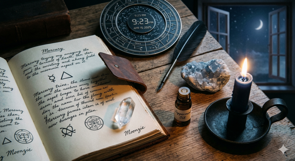 A top-down view of a wooden table featuring an open leather-bound journal with handwritten notes about Mercury, a clear quartz crystal, a small bottle of peppermint oil, a blue candle in a black holder, and a celestial clock set to 9:23 PM.