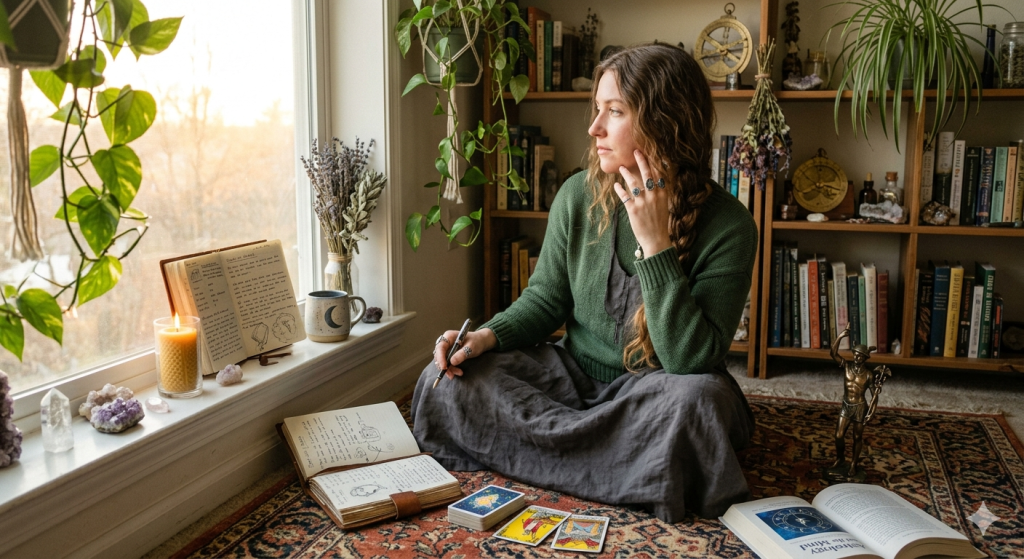 A woman with a long braid sits cross-legged on a vintage rug during sunrise, surrounded by open journals, tarot cards, and a small bronze statue of Mercury.