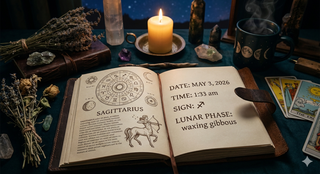 A close-up view of an open leather-bound magical grimoire on a dark tablecloth, surrounded by crystals, dried herbs, a lit candle, tarot cards, and a steaming moon-phase mug. The right-hand page clearly reads 'DATE: MAY 3, 2026' and details the Sagittarius sign and Waxing Gibbous lunar phase.