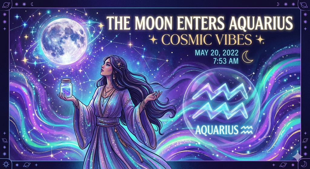 A digital illustration with a witchy cosmic vibe featuring a woman in flowing purple robes looking up at a glowing full moon. Text reads "THE MOON ENTERS AQUARIUS COSMIC VIBES" alongside the date "MAY 20, 2022 7:53 AM" and a glowing neon Aquarius zodiac symbol amidst swirling purple, teal, and blue nebula clouds.