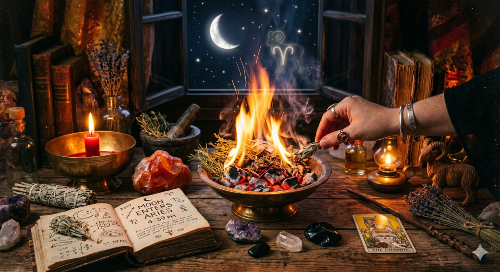 A cozy, witchy altar at night featuring a central burning cauldron with flames and smoke, an open ancient grimoire that reads 'MOON ENTERS ARIES 4:39 PM', and a hand adding herbs to the fire. Crystals, a tarot card, candles, and a small ram statue are scattered on the wooden table. An open window in the background reveals a crescent moon and a glowing Aries constellation symbol in the starry night sky.