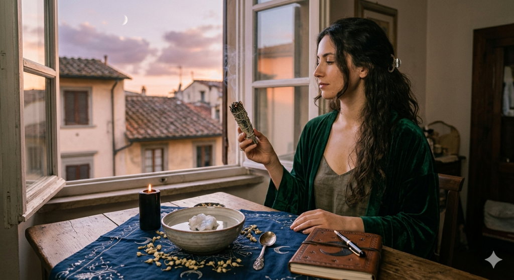 A woman in an emerald green velvet robe sits at a wooden table by an open window overlooking a European-style town at sunset. She holds a smoldering herb bundle, while the table holds a bowl of water with a crystal, a black candle, a leather journal, and dried flowers. A thin crescent moon is visible in the sky.