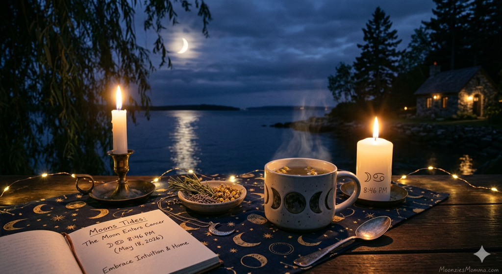A cozy, witchy outdoor setup on a wooden table at night overlooking a calm lake, featuring two lit white candles, a steaming crescent moon mug, a small bowl of herbs, fairy lights, and an open journal detailing the Moon in Cancer transit on May 18, 2026, under a glowing crescent moon.