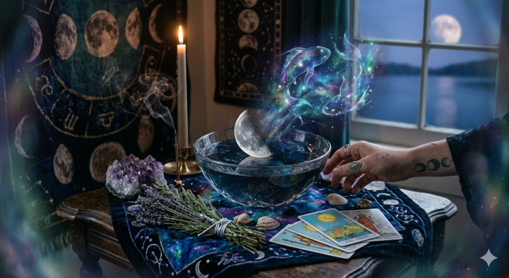 A witchy altar scene with a glass water bowl where two glowing, celestial koi fish representing Pisces emerge amidst shimmering stardust. A person's hand with a triple moon tattoo reaches toward the bowl. The altar features tarot cards, an amethyst cluster, bundled rosemary and lavender, a burning candle, and an incense stick releasing smoke. A window in the background reveals a full moon over a lake at night.