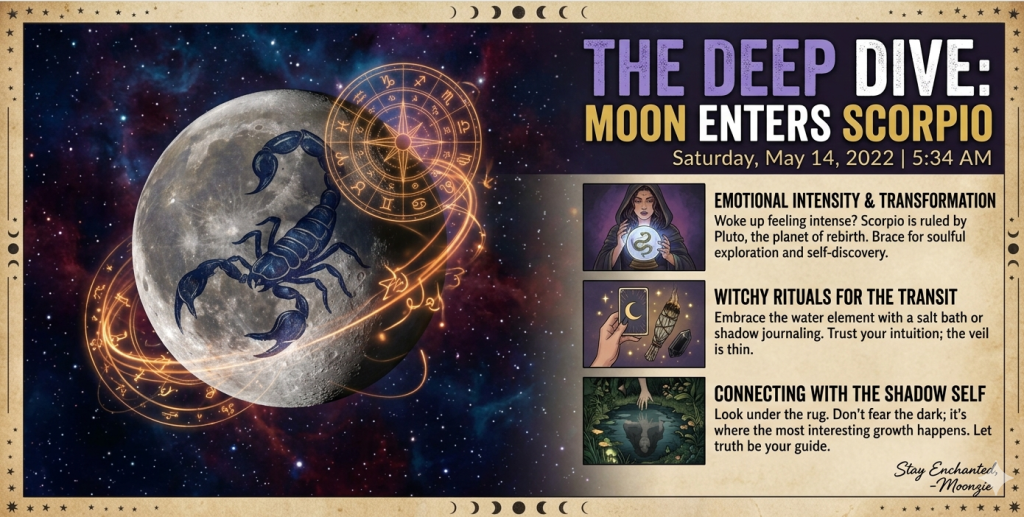 A mystical digital infographic titled "The Deep Dive: Moon Enters Scorpio," featuring a large moon with a scorpion overlay, zodiac symbols, and sections on emotional intensity and witchy rituals.