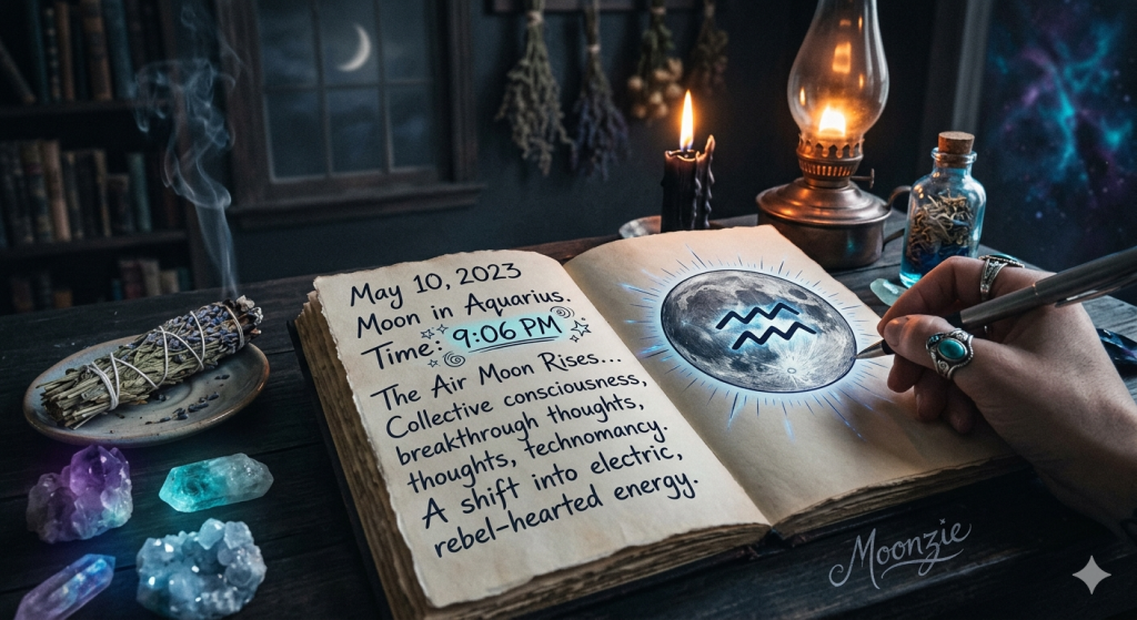 A witchy desk setup featuring a hand writing in a grimoire with "May 10, 2023, Moon in Aquarius 9:06 PM" text, surrounded by crystals, sage, and a glowing moon illustration.
