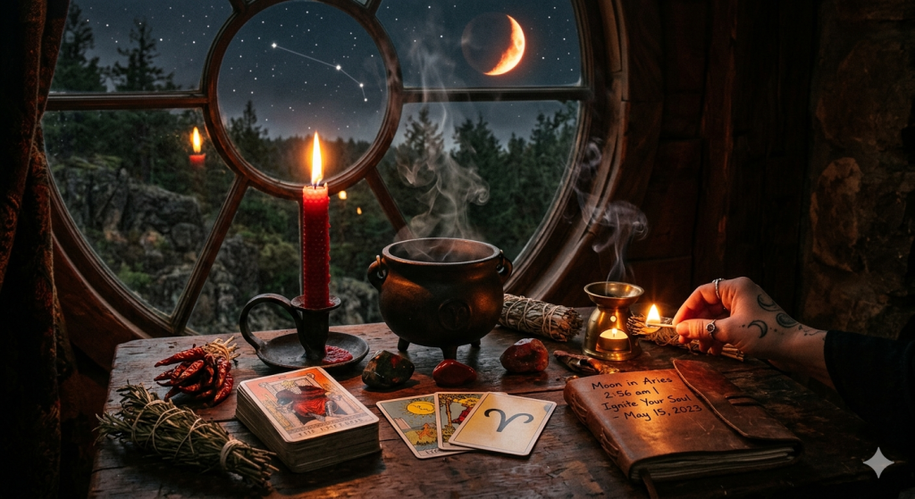 A witchy altar at night featuring a bubbling cauldron, red candles, and Tarot cards on a wooden table, viewed through a circular window showing a crescent moon and the Aries constellation.