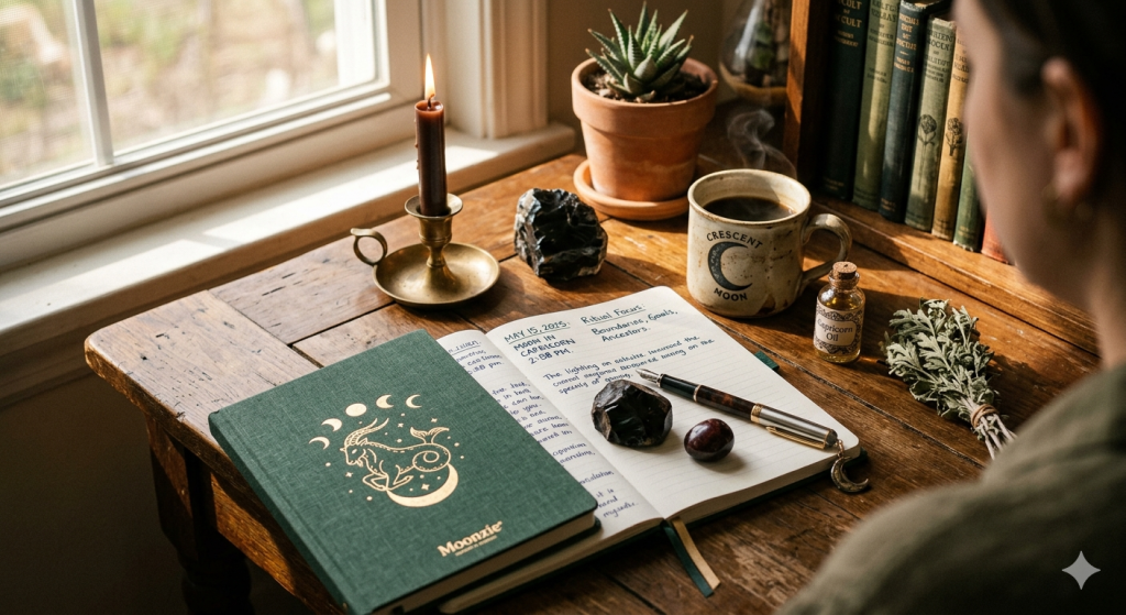 A top-down view of a wooden desk featuring a green Moonzie journal with a gold Capricorn sea-goat emblem, an open notebook with ritual notes for May 15, 2025, a dark candle, a cup of coffee, and various crystals including black onyx.