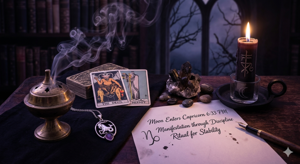 A witchy desktop setup with a brass censer emitting smoke, tarot cards (The Devil and The Hermit), a Capricorn pendant, and a handwritten note about the lunar transit next to a black candle.