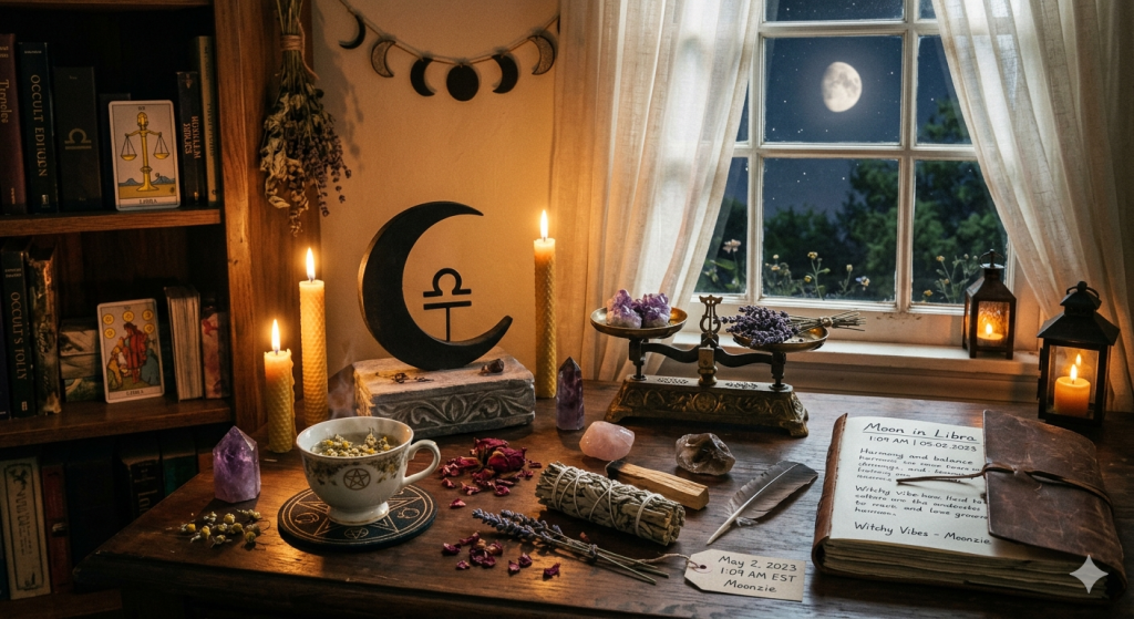 A mystical, cottagecore-style desk at night featuring a Libra moon symbol, vintage scales holding amethyst, burning beeswax candles, a cup of herbal tea, and a leather journal under a moonlit window.
