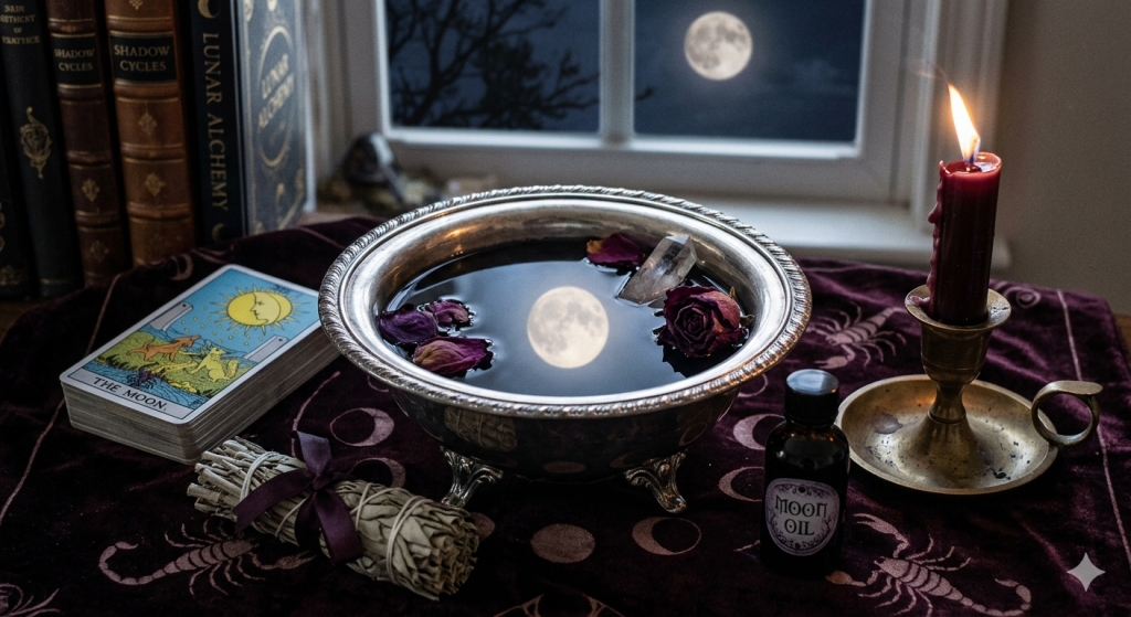 A witchy altar setup featuring a silver scrying bowl filled with dark water reflecting a full moon, a Rider-Waite 'The Moon' tarot card, a bundle of sage, and a burning plum-colored candle on a velvet cloth embroidered with scorpions.