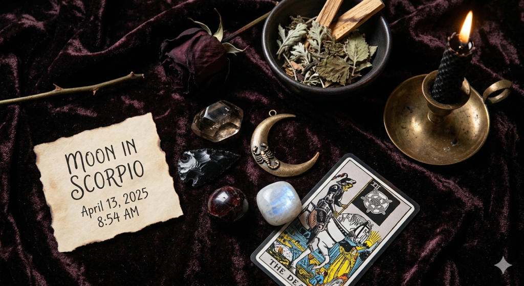 A dark, moody flat lay featuring a crescent moon charm, a smoky quartz crystal, and a dried rose on a velvet cloth.