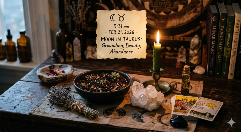 A dimly lit, atmospheric witchy altar on a wooden table, featuring a bowl of soil with small succulents, a lit green candle, a large clear quartz cluster, a bundle of dried lavender, and tarot cards including the Empress and Ace of Pentacles, with a parchment paper overlay detailing "Moon in Taurus".