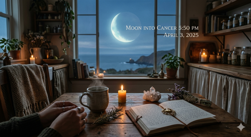 A cozy, dimly lit kitchen at dusk with a large glowing moon visible through a window overlooking the ocean. On a wooden table sits a steaming mug, a lit beeswax candle, a crystal, a bundle of herbs, and an open journal with a small golden crab charm on the page.