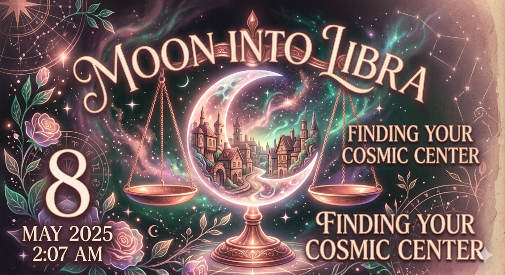 An ethereal, witchy-themed graphic for May 8, 2025, featuring a glowing crescent moon globe, celestial scales of Libra, and pink roses against a starry nebula background.