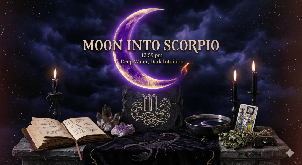 A mystical altar set against a dark, cloudy night sky featuring a glowing purple crescent moon with a scorpion tail tip. On the stone altar sits an open grimoire, dark crystals, a silver scrying bowl, and a tarot card, all illuminated by flickering black candles.