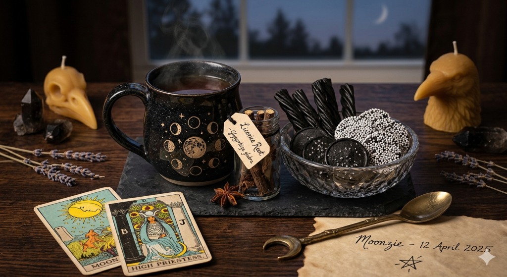 A mystical flat-lay featuring a moon-phase ceramic mug of steaming tea, a crystal bowl filled with various black licorice candies, dried licorice root in a jar, tarot cards (The Moon and High Priestess), and a crescent moon spoon on a dark wooden surface under a night window.