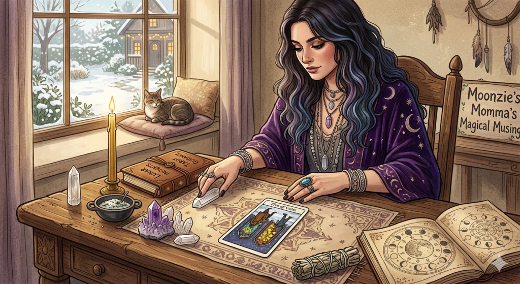 A woman with long wavy dark hair wearing a purple celestial robe sits at a wooden desk, focusing on a Five of Coins Tarot card. The desk is covered with mystical items including crystals, a lit candle, a sage bundle, and an open astrology book, while a snowy winter scene is visible through the window behind her.