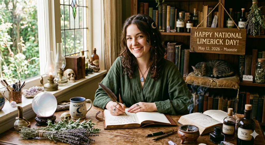 A cozy, "witchy" scene featuring a smiling woman with a moon hair clip sitting at a wooden desk, writing in a leather journal with a quill. The desk is covered in mystical items like a crystal ball, lavender bundles, potion bottles labeled "Wit" and "Hilarity," and a mug that reads "Moonzie's Brew."