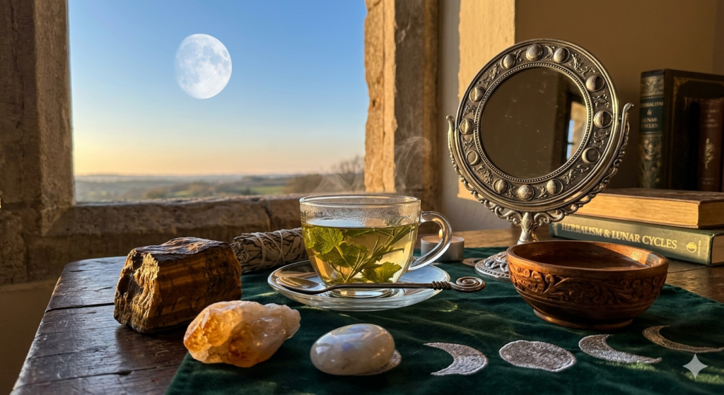 A mystical late-afternoon altar by a stone window featuring a waxing gibbous moon, herbal tea, a scrying mirror, and crystals.
