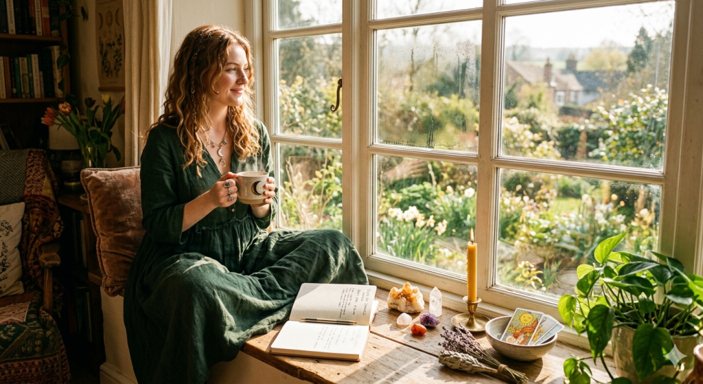 A woman in a green linen dress sits on a sunlit window seat, holding a mug and looking out at a garden. Beside her on the wooden ledge are crystals, a tarot card showing the Sun, a lit yellow candle, and an open journal.