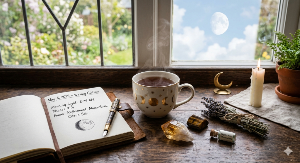A cozy wooden desk by a window showing a daytime Waxing Gibbous moon, featuring a moon-patterned tea cup, an open journal with celestial notes, crystals, and dried herbs