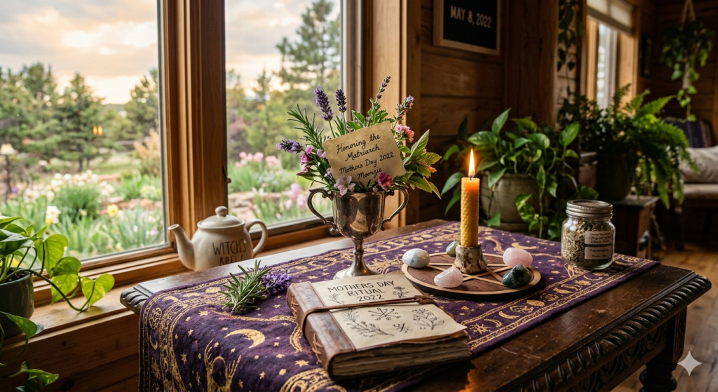 A cozy wooden indoor setting featuring a Mother's Day ritual altar with crystals, a beeswax candle, herbs, and a leather journal, set against a window overlooking a lush spring garden.