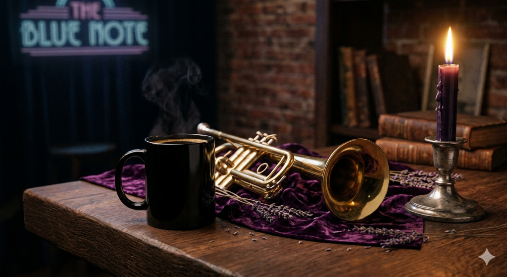 A vintage brass trumpet resting on a purple velvet cloth alongside a steaming black mug, dried lavender sprigs, and a lit purple candle in a silver holder, set against a dark brick background with a neon "The Blue Note" sign.