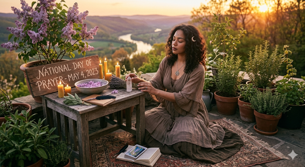 A woman with curly hair sits on a stone patio at sunset, surrounded by potted herbs and lilacs. She is performing a prayer ritual at a wooden table featuring candles, a crystal, and a bowl of water.
