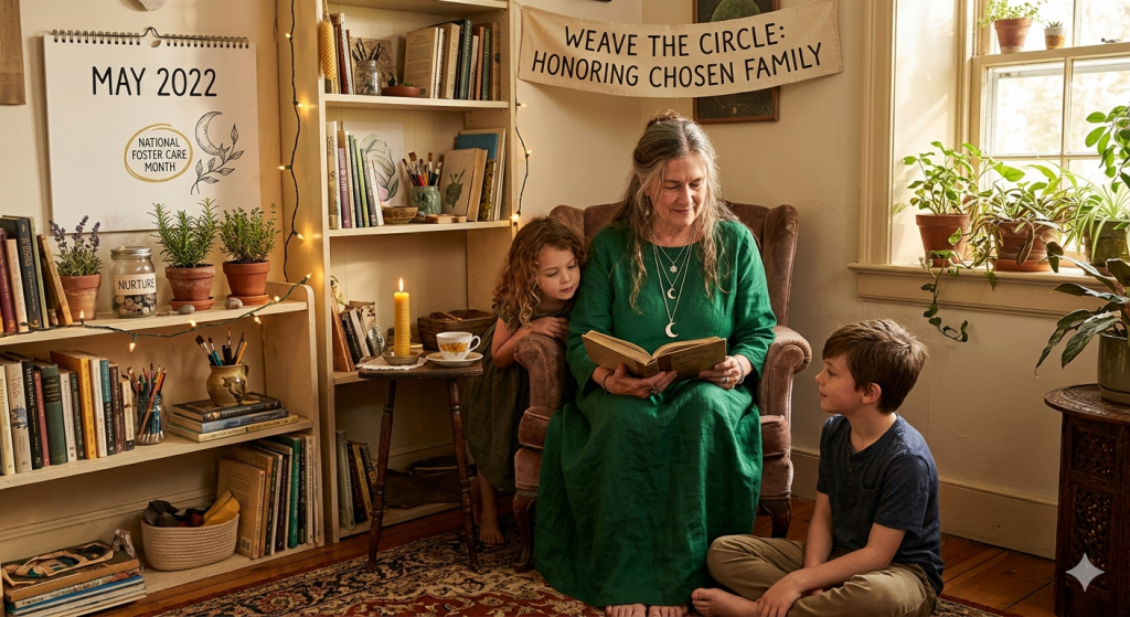 A cozy, "witchy" indoor scene featuring a woman in a green linen dress reading a book to two children. A calendar on the wall reads "May 2022" and "National Foster Care Month" next to a banner that says "Weave the Circle: Honoring Chosen Family."