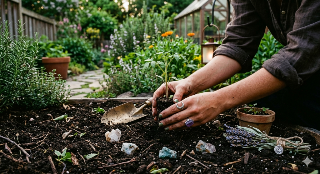 Close-up of hands planting a small green sprout in rich soil with a crystal point for garden magic.