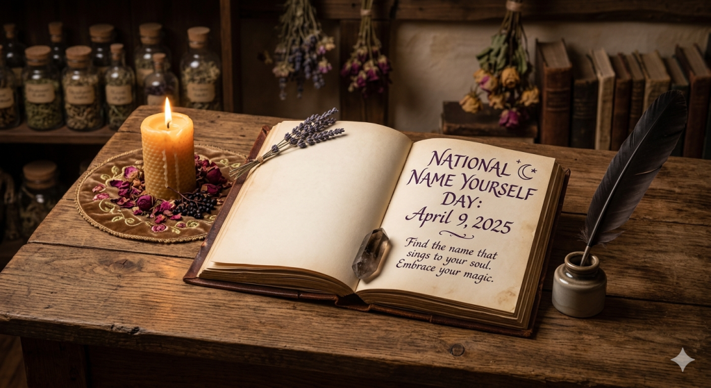 An open vintage book on a rustic wooden table surrounded by mystical items like a lit beeswax candle, lavender, a crystal, and a quill. The book's page reads "National Name Yourself Day: April 9, 2025."