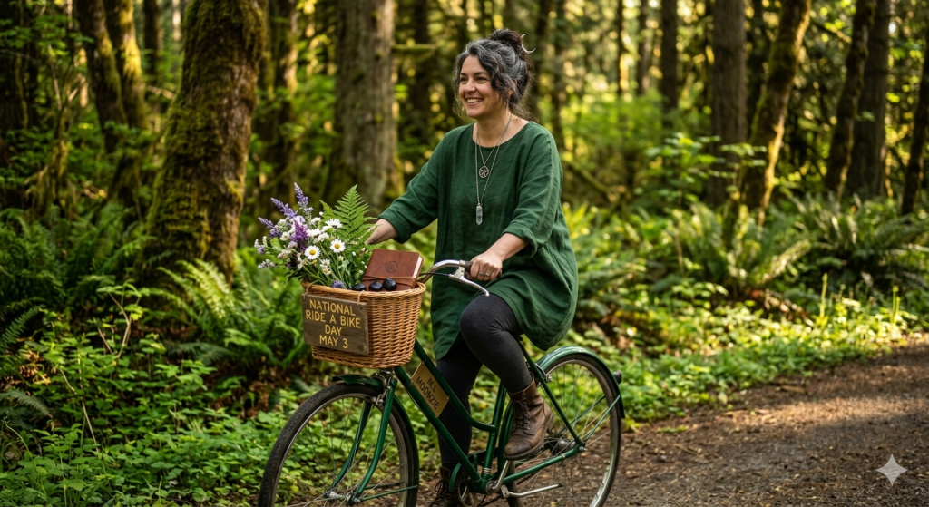 A woman with "witchy vibes" riding a vintage green bicycle through a sun-dappled forest. The bike's wicker basket is filled with wildflowers and a wooden sign that reads "National Ride a Bike Day May 3".