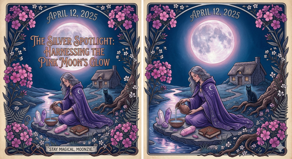 A mystical illustration of a woman in a purple cloak pouring water into a bowl under a large full moon, surrounded by pink phlox flowers, crystals, a black cat, and a rustic cottage.