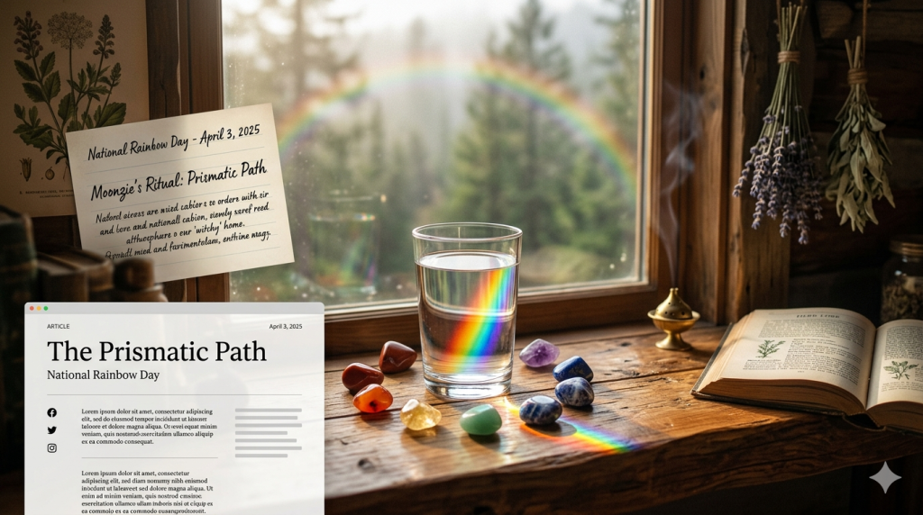 A mystical wooden windowsill featuring a glass of water refracting a rainbow, surrounded by seven colorful crystals and dried herbs, with a misty forest view through the window.