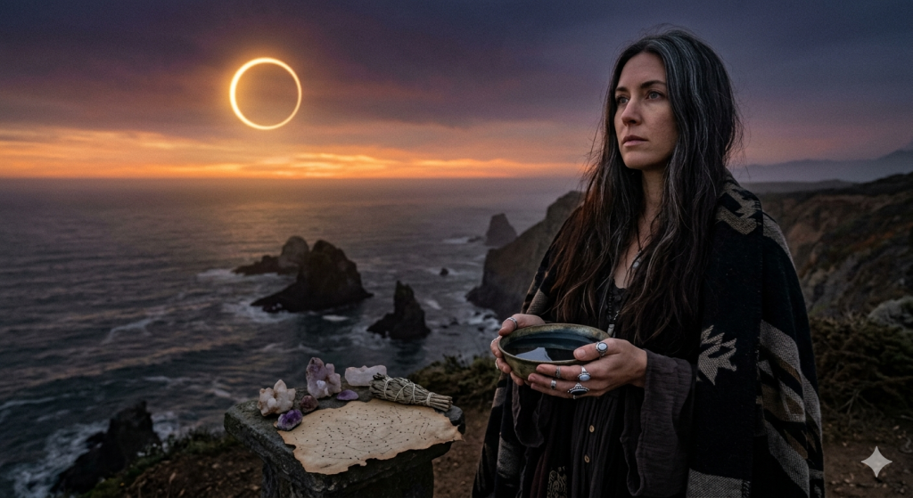 A woman with long gray-streaked hair stands on a cliff overlooking the ocean at twilight, holding a small bowl. In the sky above the water, an annular solar eclipse forms a glowing ring. On a small stone pedestal in the foreground, there is a piece of parchment, crystals, and a bundle of dried herbs.