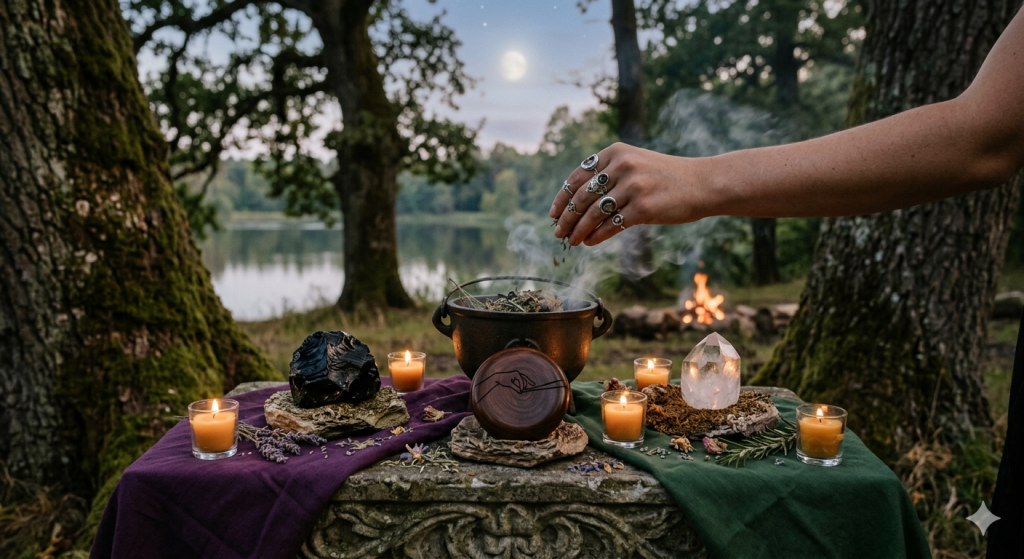 A mystical outdoor altar set on a stone plinth in a forest at dusk. A hand adorned with silver rings sprinkles herbs into a steaming cast-iron cauldron. The scene includes glowing beeswax candles, a large obsidian stone, a clear quartz crystal, and dried lavender scattered on purple and green linens. In the background, a full moon hangs over a calm lake and a distant campfire.