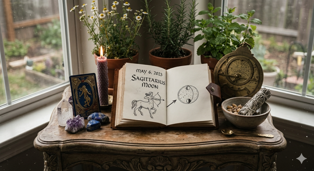 A mystical indoor altar scene on a wooden table featuring an open grimoire with Sagittarius illustrations, surrounded by potted herbs, crystals, a tarot card, and a vintage astrolabe under soft window light.