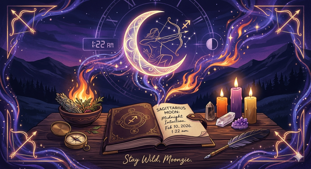 A witch's workspace at night featuring an open grimoire, candles, crystals, and a sage bowl, with a celestial Archer symbol glowing under a crescent moon.