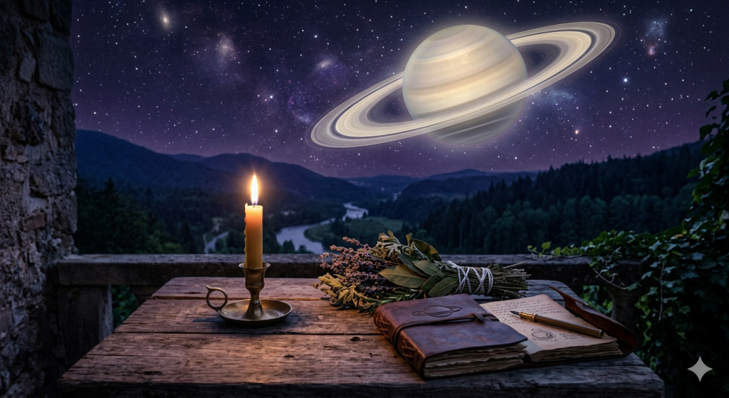 A dark, mystical night scene viewed from a stone balcony. On a rustic wooden table sits a lit candle in a brass holder, a leather-bound journal with a Saturn symbol, and a bundle of dried lavender. In the starry sky above a valley and river, a large, detailed planet Saturn is visible.