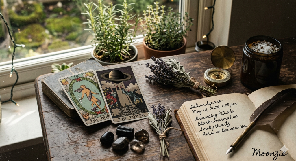 A moody, witchy aesthetic tabletop scene featuring a vintage journal with handwritten notes about a Saturn Square on May 15, 2025, alongside tarot cards, black grounding stones, dried lavender, and a window view of greenery.