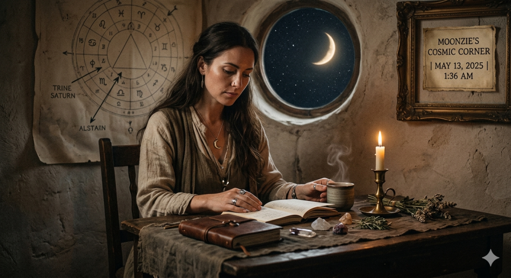A woman with long dark hair sits at a wooden desk in a candlelit stone room, reading a book by a circular window showing a crescent moon; an astrological chart for Trine Saturn hangs on the wall behind her