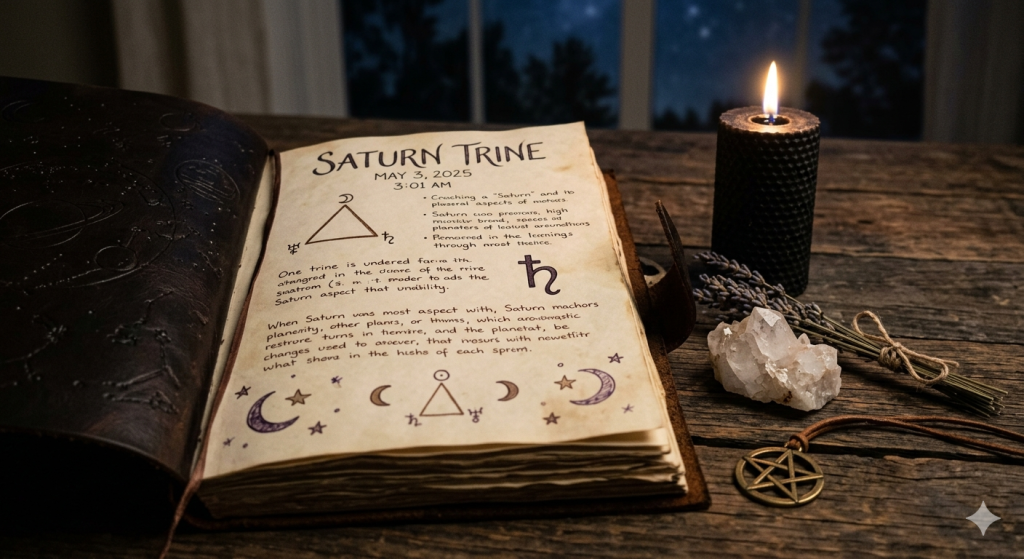 An open, leather-bound grimoire on a rustic wooden table with handwritten notes about a Saturn Trine, featuring a trine symbol and the Saturn glyph. Next to the book is a glowing black candle, a clear quartz crystal, dried lavender, and a bronze pentacle necklace.