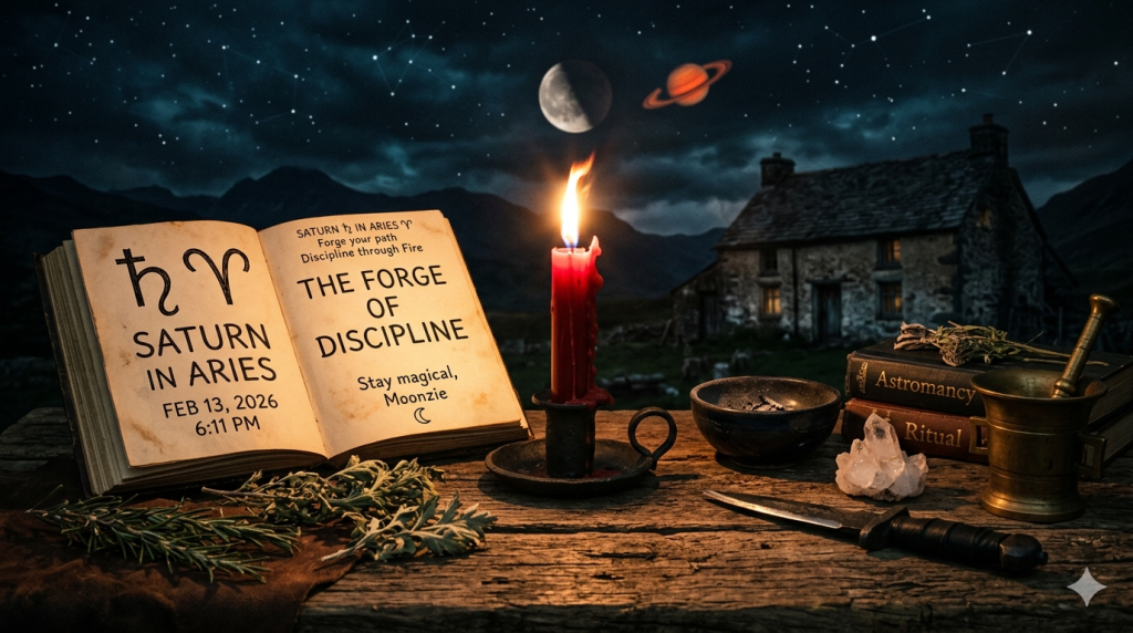 An open grimoire sits on a rustic wooden table under a starry night sky, featuring the text "Saturn in Aries, Feb 13, 2026, 6:11 PM" and "The Forge of Discipline." Beside the book, a red candle burns brightly, with a crystal, a ritual knife, and old leather-bound books nearby.