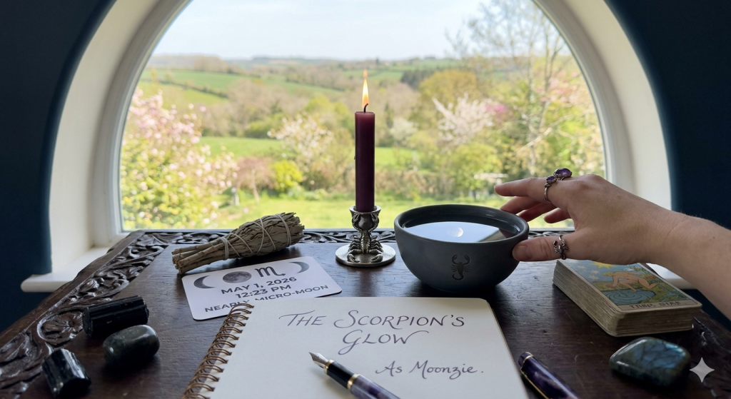 An atmospheric close-up photograph of a witchy ritual altar arranged on a dark carved wooden surface during daylight. Key elements include a single burning magenta candle in a scorpion-themed holder, a dark scrying bowl reflecting the distant light, dried sage, protective crystals, and an open notebook with handwritten text reading "THE SCORPION’S GLOW" and signed "As Moonzie." A detailed data card confirms the May 1, 2026, date for the Scorpio Micro-Moon.