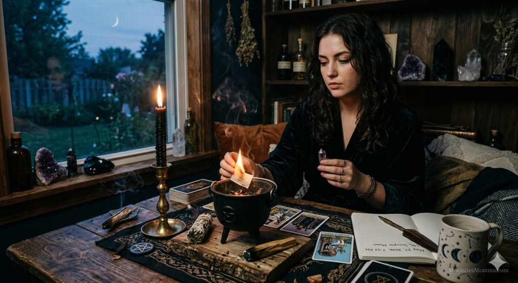 A witch with long dark hair sits at a wooden table at twilight, burning a slip of paper over a small black cauldron. A single black candle burns nearby next to tarot cards, crystals, and an open journal that reads "May 27, 2026, 7:52 PM Scorpio Moon". Outside the window, a crescent moon is visible in the evening sky.
