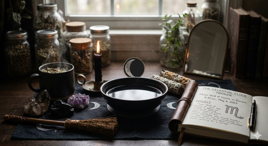 A moody, witchy workspace featuring a lit black candle, crystals, a steaming mug, and a black bowl of water. An open journal titled "The Celestial Clock" contains notes for the Scorpio Moon Void of Course on May 6, 2023.