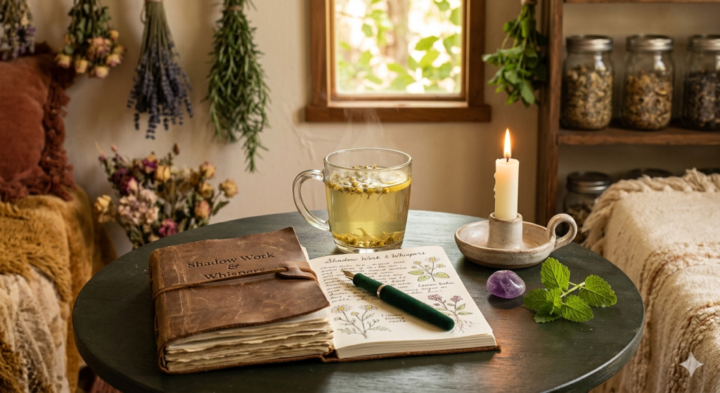 A cozy, rustic scene featuring a leather-bound journal titled "Shadow Work & Whispers" open on a dark wooden table, next to a steaming glass mug of herbal tea, a lit taper candle in a ceramic holder, an amethyst crystal, and fresh lemon balm leaves, with dried herbs hanging in the background.