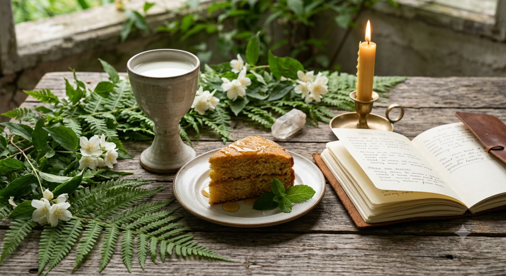 A close-up photograph on a rustic, weathered wooden table, featuring a slice of golden honey cake garnished with fresh mint, a ceramic chalice of milk, a lit beeswax candle, an open leather-bound journal, and fresh ferns with white jasmine flowers, capturing the elements of Shavuot.Title: Shavuot Abundance Table Setting