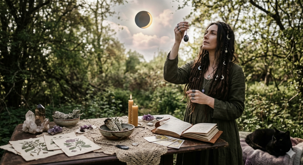 A woman with dreadlocks standing at an outdoor wooden altar during a partial solar eclipse, holding a crystal pendulum over a book of shadows.